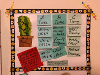 Edcel's DIY board with the time slot strategies, motivational words, and assignments to finish